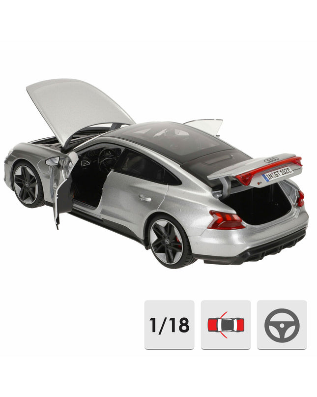 Bburago 1:18 Audi RS e-tron GT 2022 toy car, detailed miniature vehicle for play and collection.