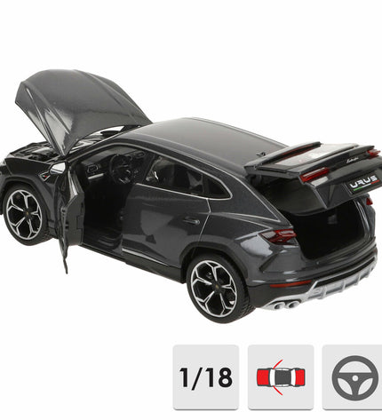 Bburago Lamborghini Urus 1:18 scale toy car, detailed model in vibrant yellow with realistic features and branding.