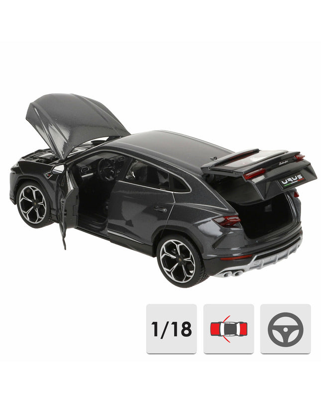 Bburago Lamborghini Urus 1:18 scale toy car, detailed model in vibrant yellow with realistic features and branding.