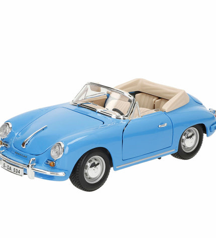 Bburago Porsche 356B Cabriolet toy car from 1961, detailed miniature vehicle in red with black interior and open roof design.
