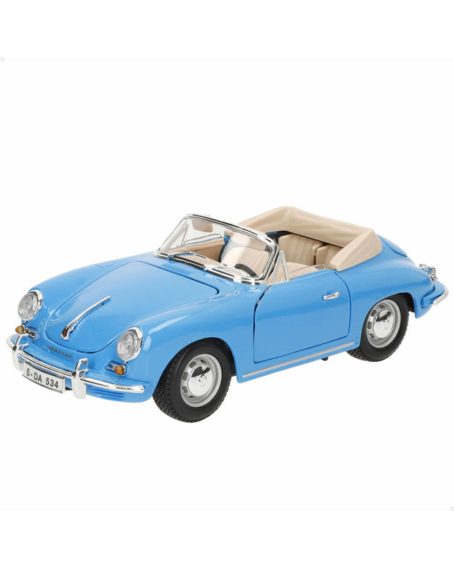 Bburago Porsche 356B Cabriolet toy car from 1961, detailed miniature vehicle in red with black interior and open roof design.
