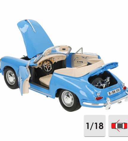 Bburago Porsche 356B Cabriolet toy car from 1961, detailed model in blue with open roof and realistic features.