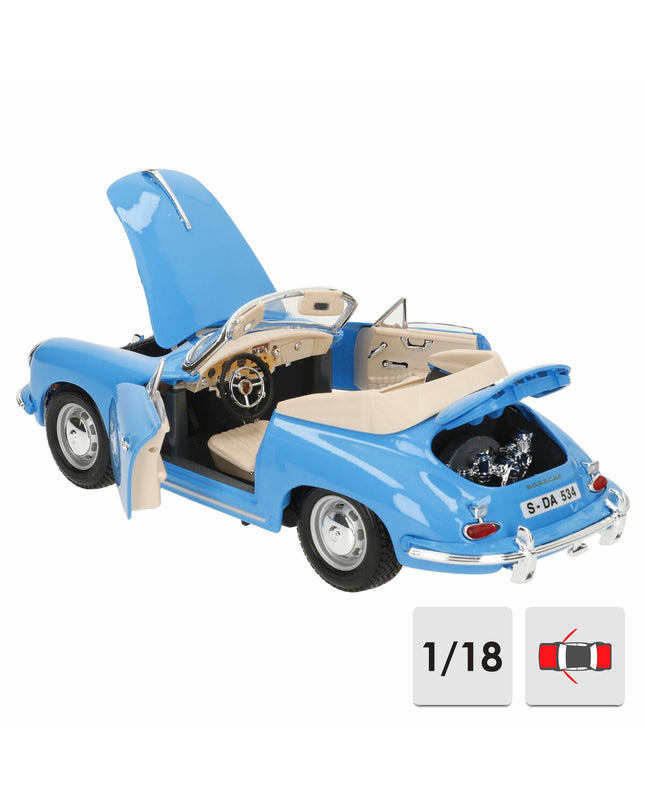 Bburago Porsche 356B Cabriolet toy car from 1961, detailed model in blue with open roof and realistic features.