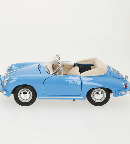 Bburago Porsche 356B Cabriolet toy car from 1961, detailed miniature vehicle in classic blue color, perfect for collectors.