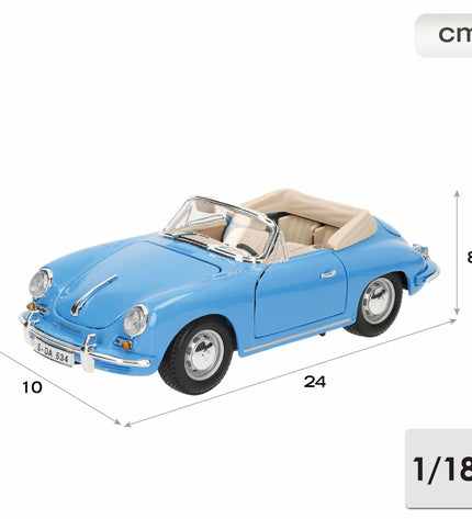 Bburago GT Porsche 356B Cabriolet toy car from 1961, detailed miniature vehicle in vibrant colors.