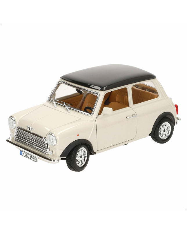 Bburago 1:18 scale GT-Mini Cooper (1969) diecast toy car, detailed miniature vehicle for collectors and play.
