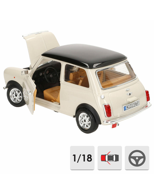 Bburago 1:18 scale GT-Mini Cooper (1969) toy car, detailed model in red with black racing stripes on a display surface.