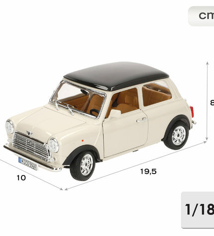 Bburago 1:18 scale GT-Mini Cooper 1969 toy car, detailed miniature vehicle for collectors and play.