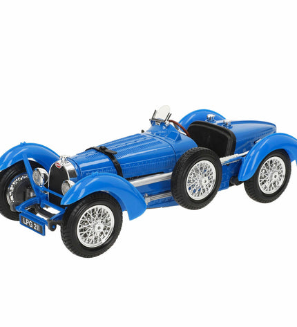 Bburago 1:18 scale GT Bugatti Type 59 toy car in blue with detailed design, perfect for collectors and car enthusiasts.