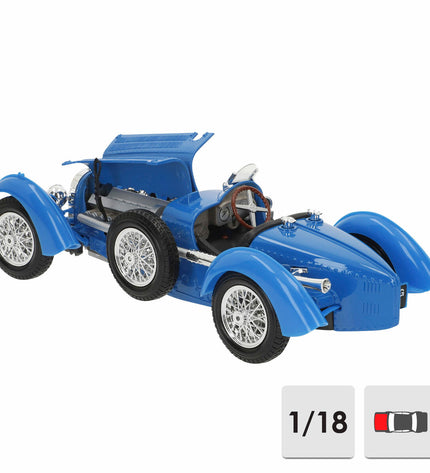 Bburago 1:18 scale GT Bugatti Type 59 toy car, detailed miniature vehicle with vibrant colors and realistic features.