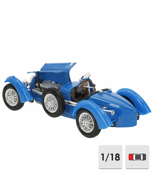 Bburago 1:18 scale GT Bugatti Type 59 toy car, detailed miniature vehicle with vibrant colors and realistic features.