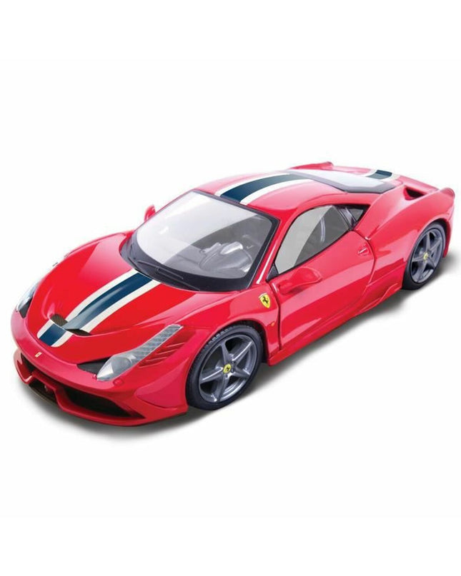 Bburago Ferrari 458 Speciale 1:18 scale toy car, detailed miniature model of the sports vehicle on a white background.