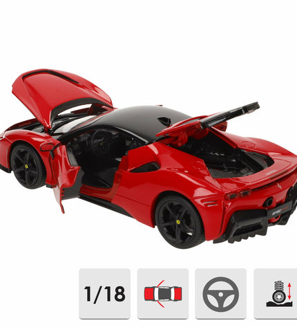 Bburago Ferrari SF90 Stradale 1:18 scale toy car, detailed model in red with realistic features and branding.