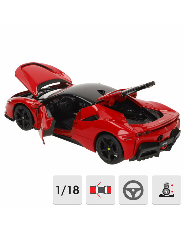 Bburago Ferrari SF90 Stradale 1:18 scale toy car, detailed model in red with realistic features and branding.