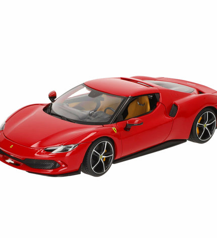 Bburago Ferrari 296 GTB 1:18 scale toy car model, detailed miniature vehicle in red with realistic features.