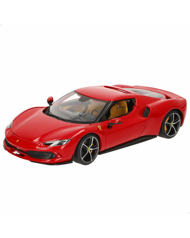 Bburago Ferrari 296 GTB 1:18 scale toy car model, detailed miniature vehicle in red with realistic features.