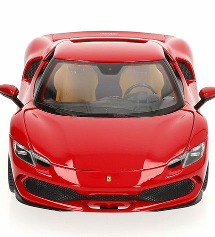 Bburago Ferrari 296 GTB 1:18 scale model car, detailed toy vehicle in red with realistic features and branding.