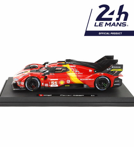Bburago Ferrari Racing 499 LMH #51 1:18 scale toy car in red with detailed racing livery and branding, designed for collectors.