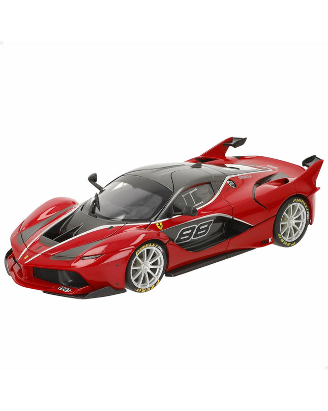 Bburago Ferrari FXX K #88 toy car in 1:18 scale, detailed model in red with racing decals, suitable for collectors and play.