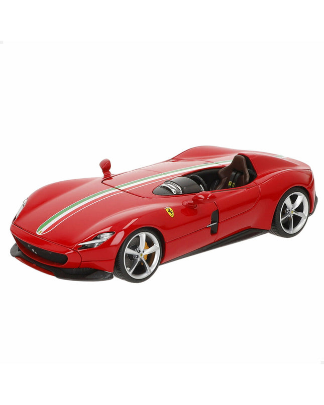Bburago Ferrari Monza SP1 1:18 scale toy car with red body and detailed design, typical of collectible vehicle models.