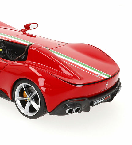 Bburago Ferrari Monza SP1 1:18 scale toy car, detailed model of Ferrari sports vehicle, realistic design and vibrant red color.