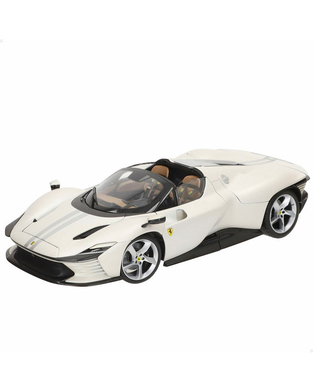 Detailed Bburago Ferrari Daytona SP 1:18 scale toy model car, showcasing realistic design and vibrant red color.