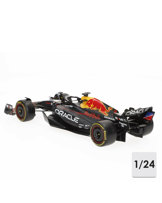 Red Bull F1 Racing RB19 toy car by Bburago, detailed 1:24 scale model in red with sponsor decals and racing design.
