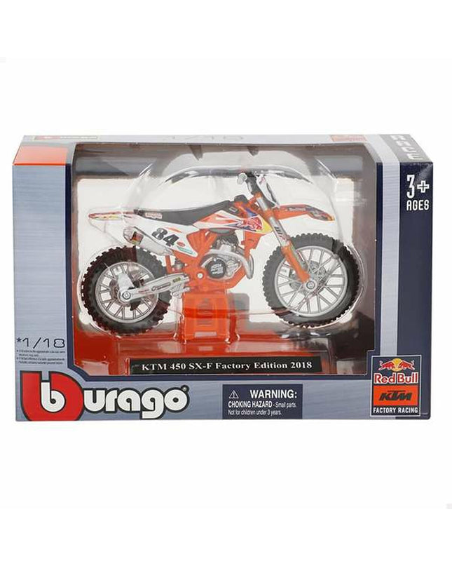 Bburago KTM Cross motorcycle toy in 1:18 scale, detailed plastic vehicle for kids' play and collection.