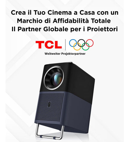 TCL A1SL5F-2AOFEU11 projector displaying a vibrant home theater image on a wall in a dark room.
