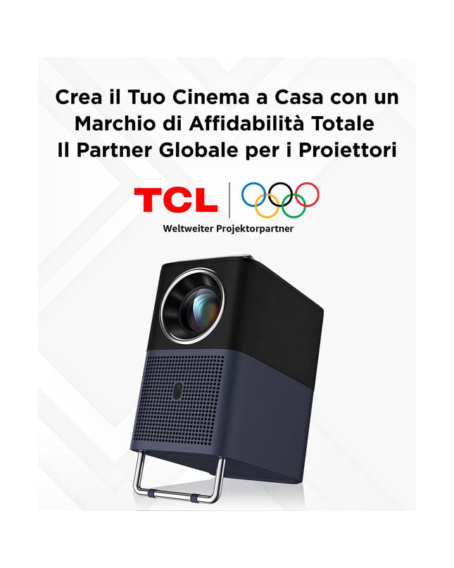 TCL A1SL5F-2AOFEU11 projector displaying a vibrant home theater image on a wall in a dark room.