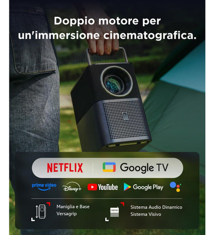 TCL A1SL5F-2AOFEU11 projector for home cinema with screen and remote, ideal for TV and video entertainment.