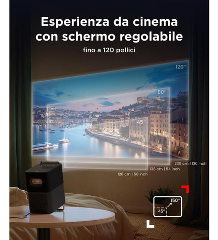 TCL A1SL5F-2AOFEU11 projector displaying a vibrant home theater scene on a blank wall.