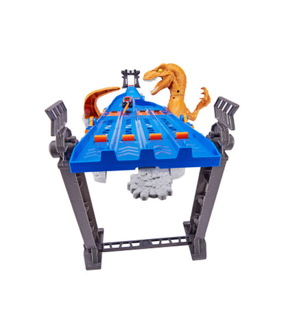 Zuru Metal Machines Racebaan Raptor Attack toy race track with four lanes, featuring a detailed vehicle playset in a colorful design.