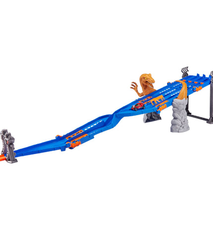 Zuru Metal Machines Raptor Attack 4-lane race track toy with colorful cars on a 70x11x30 cm track, designed for kids' racing play.