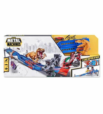 Zuru Metal Machines Racebaan Raptor Attack toy race track with four lanes, featuring detailed vehicles and vibrant race course elements.