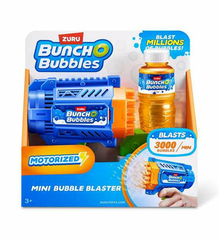 Blue Zuru BunchO Mini Bubble Blaster toy with a compact 20x20x7 cm design, perfect for outdoor bubble fun.