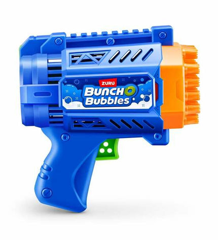 Blue Zuru BunchO Mini Bubble Blaster toy, 20x20x7 cm, shown with bubbles and playful design for outdoor fun and games.