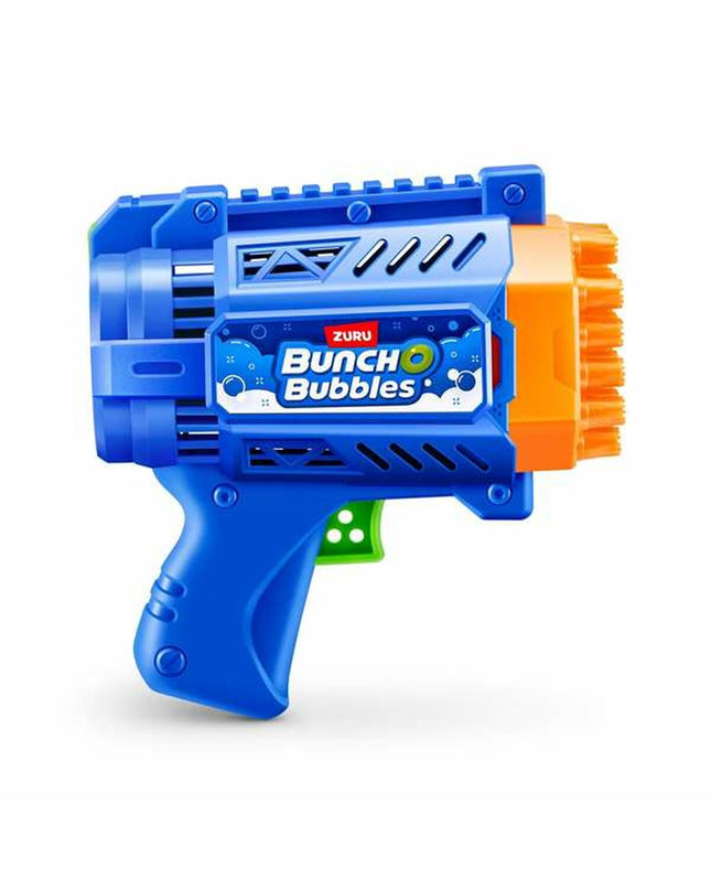 Blue Zuru BunchO Mini Bubble Blaster toy, 20x20x7 cm, shown with bubbles and playful design for outdoor fun and games.