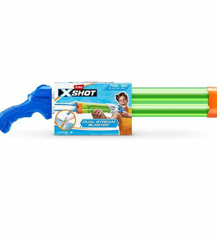 Zuru X-Shot Quad Stream water pistol toy with blue and yellow design, 13x60x6 cm, for outdoor water fun and games.