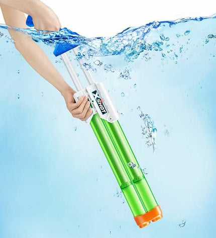 Zuru X-Shot Quad Stream Blaster water gun for outdoor play, featuring a colorful design and large water tank for water fights.