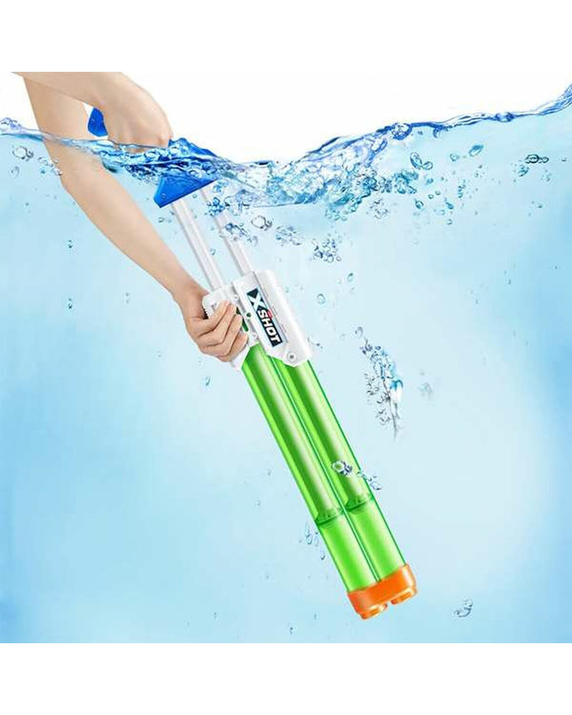 Zuru X-Shot Quad Stream Blaster water gun for outdoor play, featuring a colorful design and large water tank for water fights.