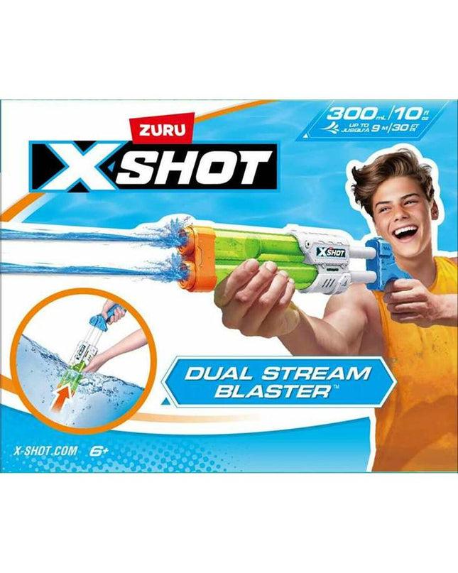 Zuru X-Shot Small Quad Stream Water Pistol toy in blue, compact size with four nozzles for water spraying fun.