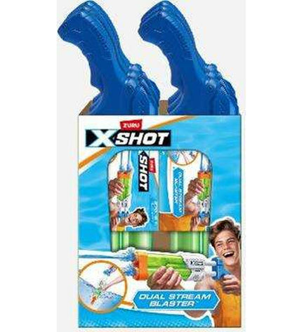 Zuru X-Shot Small Quad Stream Water Blaster toy in blue with four nozzles, designed for outdoor water play and fun.