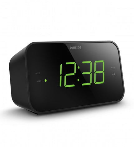 Philips TAR3306/12 radio alarm clock with digital display and control buttons on a sleek black electronic device.