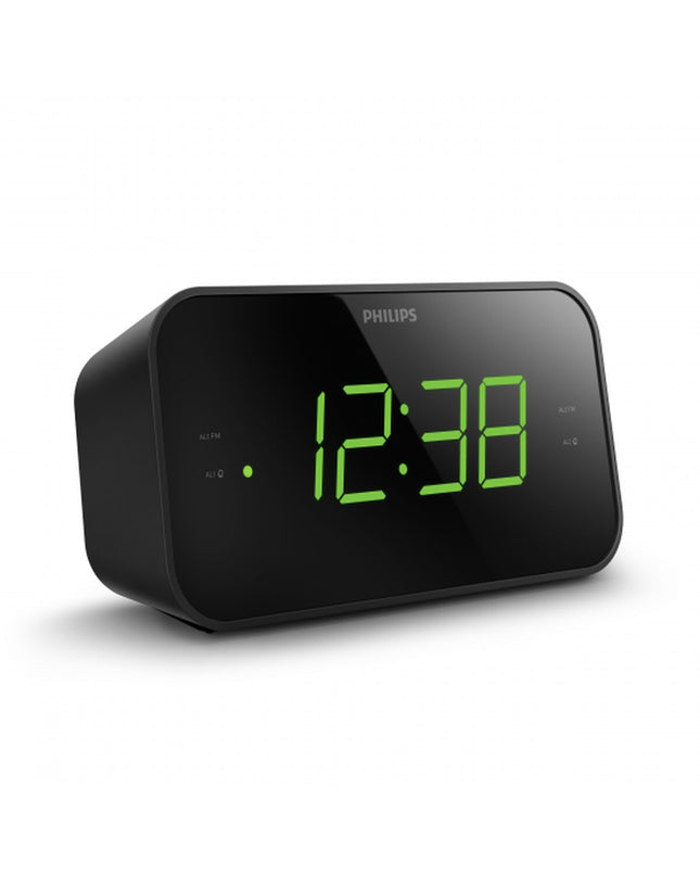 Philips TAR3306/12 radio alarm clock with digital display and control buttons on a sleek black electronic device.