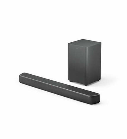 Philips TAB5309/10 gray soundbar with sleek design, featuring multiple speaker drivers and control buttons for home audio system.