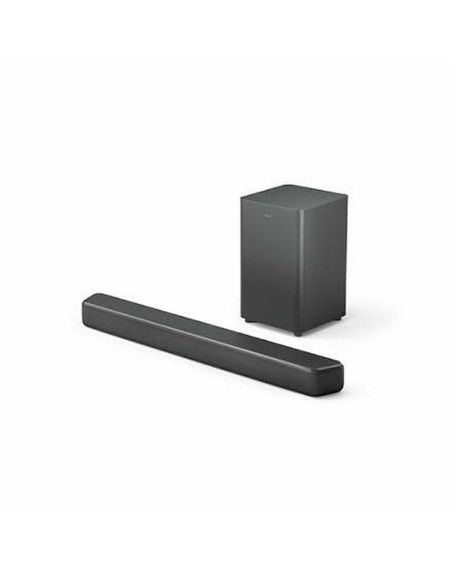 Philips TAB5309/10 gray soundbar with sleek design, featuring multiple speaker drivers and control buttons for home audio system.