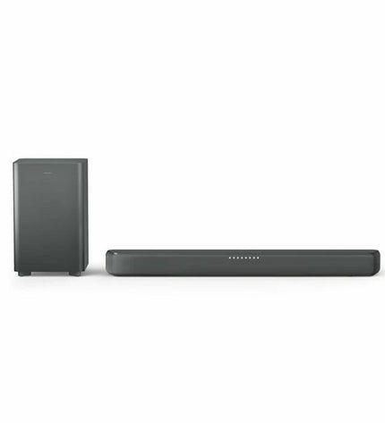 Philips TAB5309/10 gray soundbar with sleek design, featuring multiple audio ports and modern electronic audio equipment.