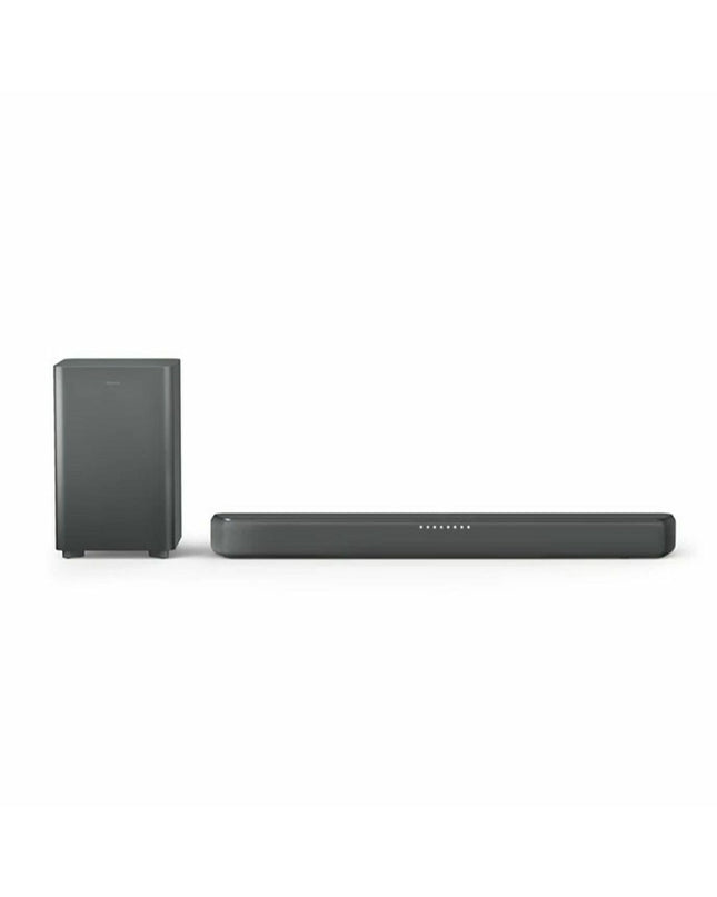Philips TAB5309/10 gray soundbar with sleek design, featuring multiple audio ports and modern electronic audio equipment.
