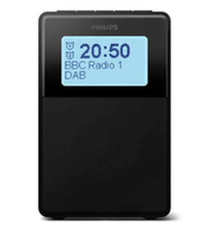 Philips TAR5100 radio alarm clock with digital display, buttons, and sleek black design for electronic audio and alarm functionality.